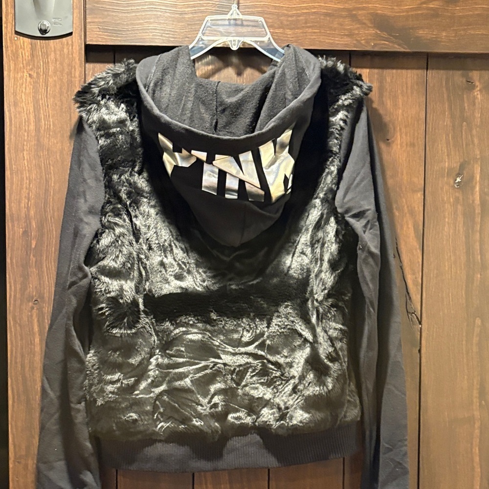 Black Victoria's Secret PINK hoodie featuring a faux fur body - Picture 3 of 3